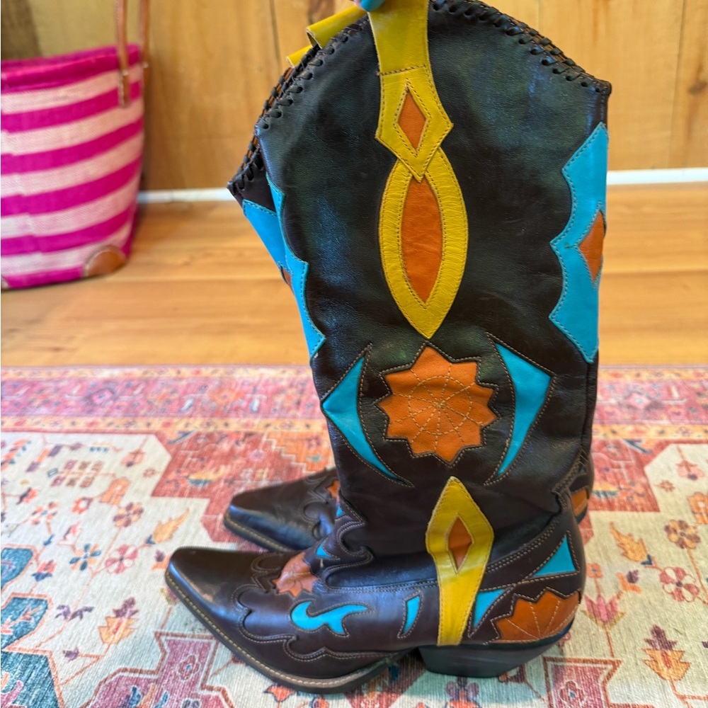 BCG Brown multi color Western Leather Boot with Stacked Heel